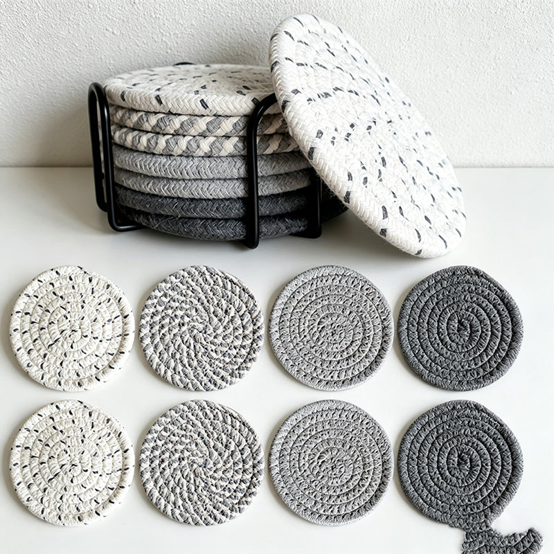 CouldNook 8-Piece Woven Cotton Coaster Set with Metal Holder - Minimalist Gradient Drink Mats