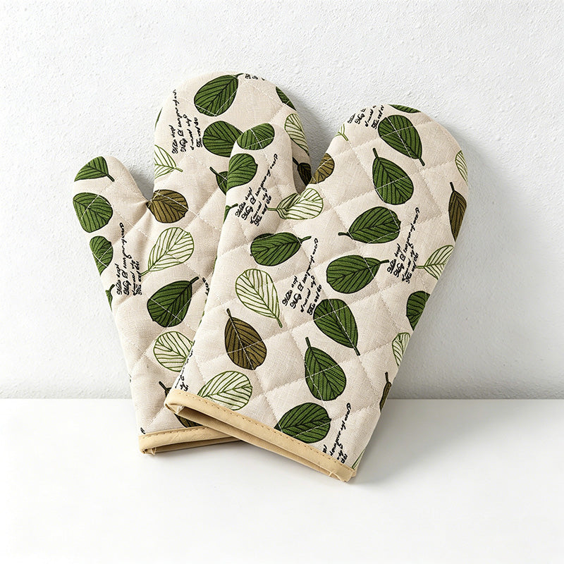 CouldNook Cotton Linen Oven Mitt Pair - Botanical Leaf Kitchen Decor