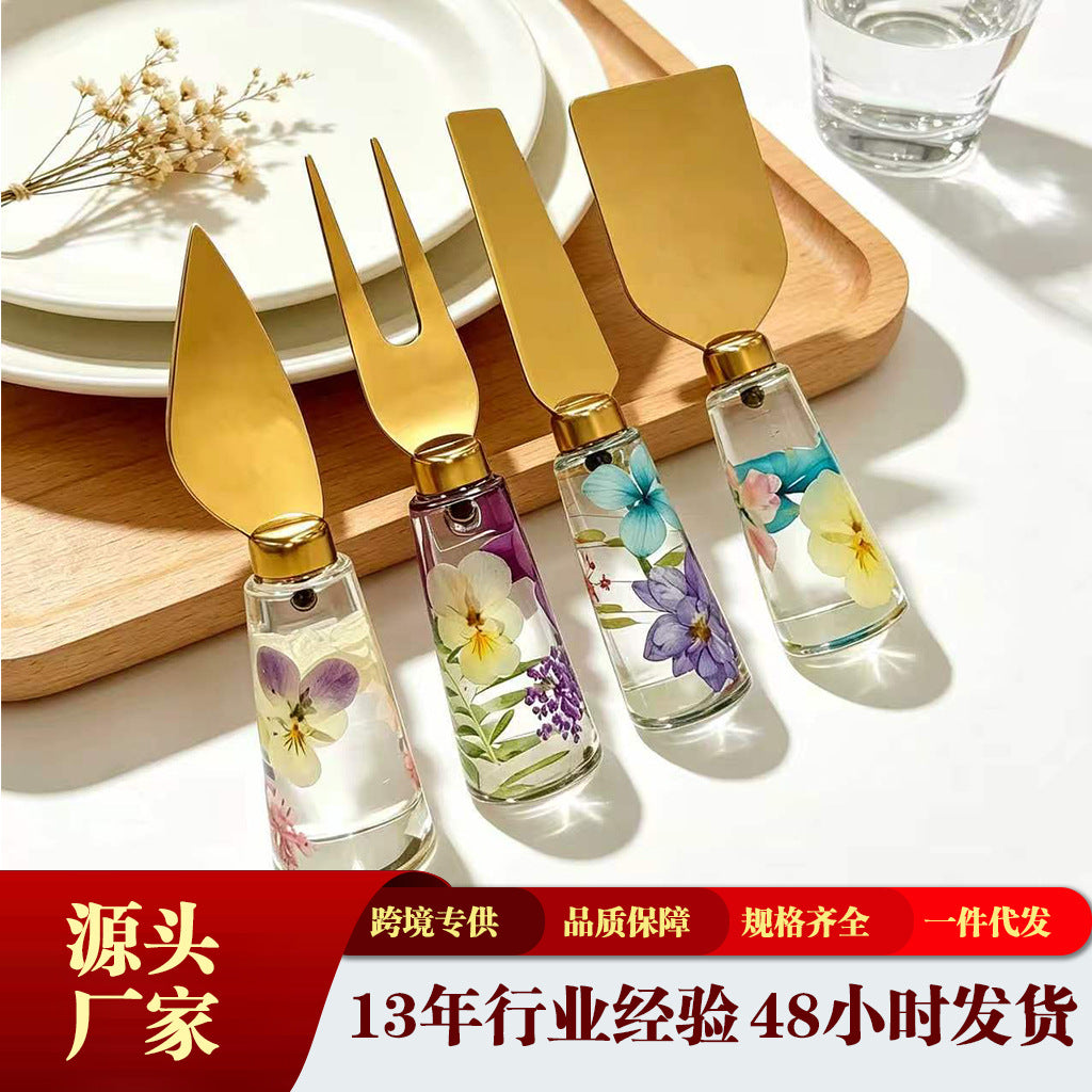 CouldNook Floral Cheese Serving Utensils - Clear Resin Handles and Shaped Heads