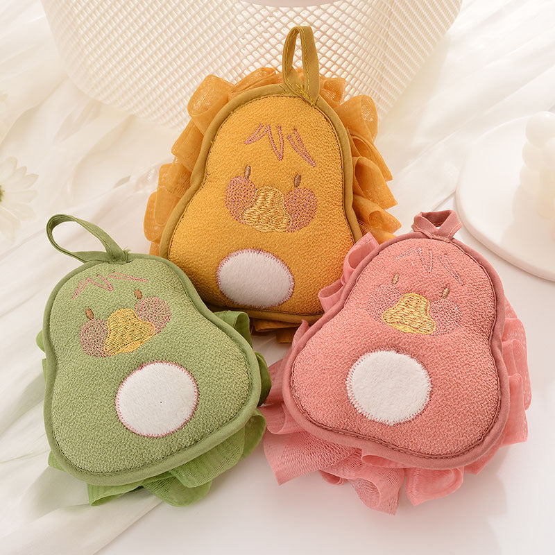 CouldNook Pear Bath Pouf - Plush Fruit Panel and Hanging Loop