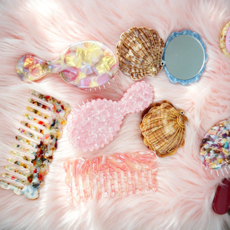 CouldNook Comb Brush And Mirror Set - Patterned Bodies And Shell-Shaped Mirror