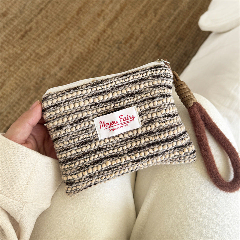 CouldNook Striped Wristlet Pouch - Woven Rows And Brown Carry Loop