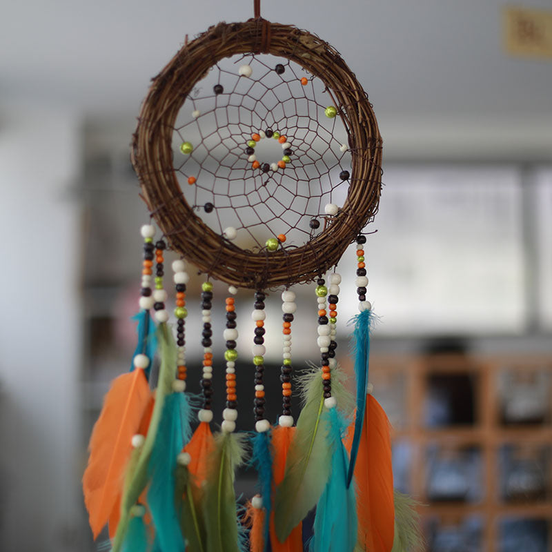 CouldNook Colorful Feather Dreamcatcher - Vine Hoop And Layered Beaded Strands