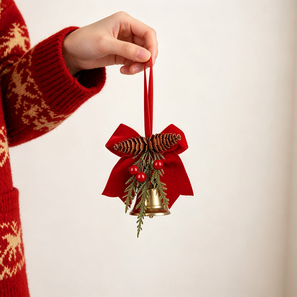 CouldNook Christmas Bell Ornament - Ribbon Bows and Seasonal Sprigs