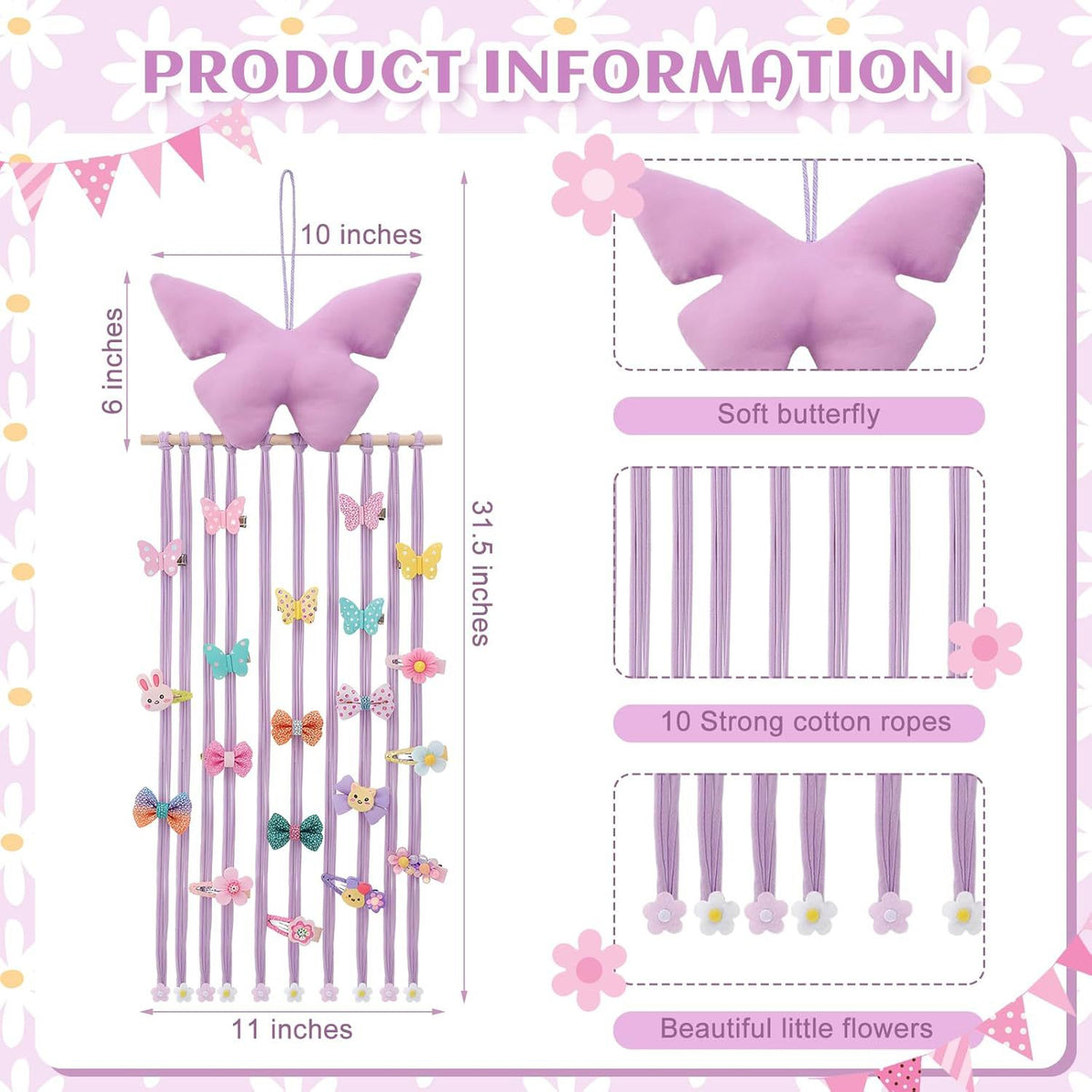 CouldNook Hanging Hair Clip Organizer - Cotton Ropes And Shaped Topper