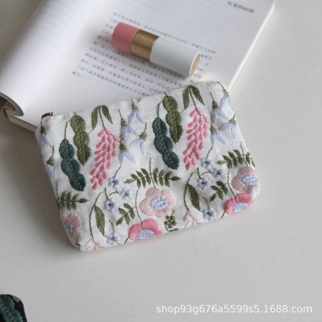 CouldNook Embroidered Zip Pouch - Botanical Motifs And Contrasting Animal Designs