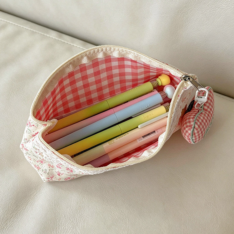 CouldNook Floral Pencil Pouch - Lace Trim And Checked Interior
