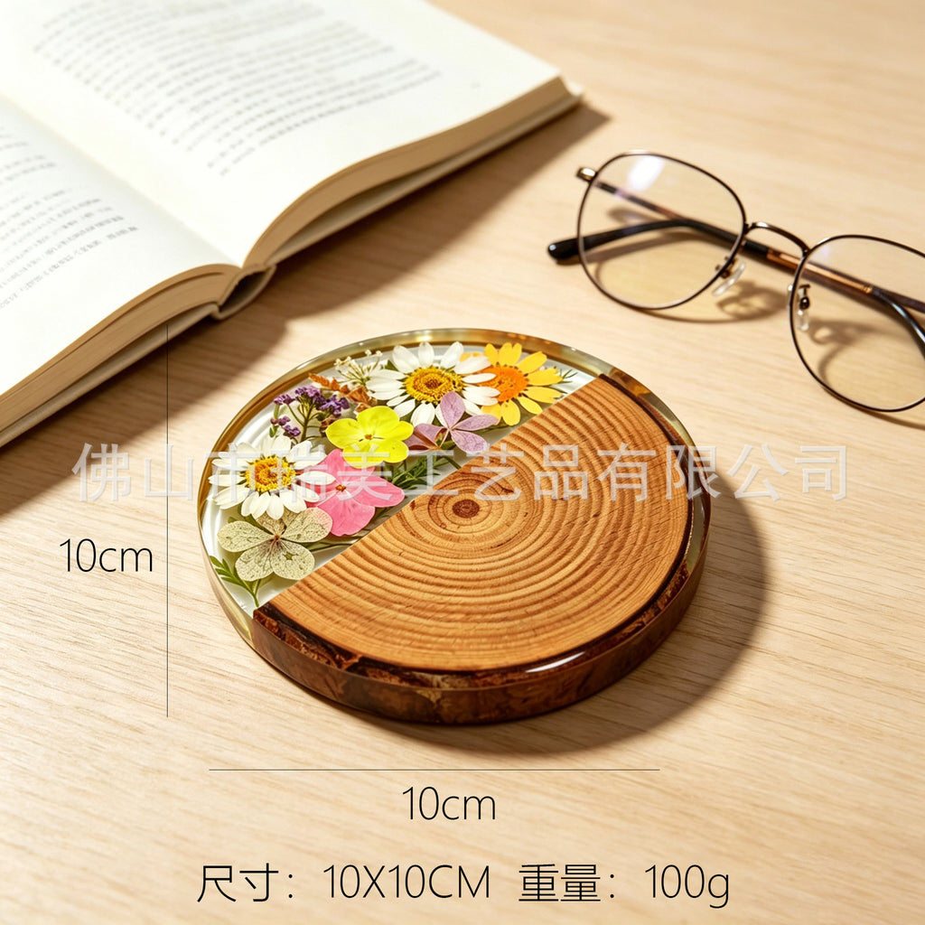 CouldNook Round Floral Coaster - Wood Grain and Clear Resin Section