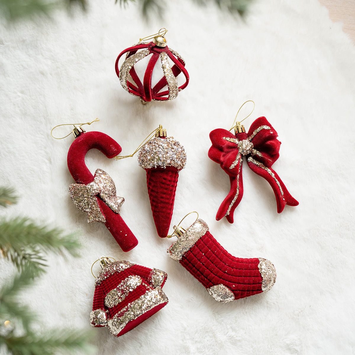 CouldNook Flocked Christmas Ornament Set - Glitter Details and Hanging Loops