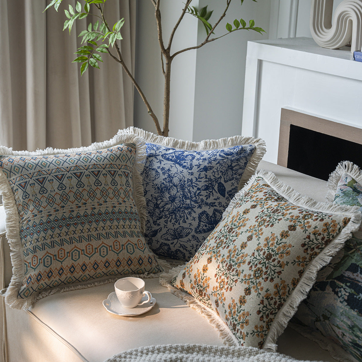 CouldNook Fringed Jacquard Cushion Cover - Botanical Patterns And Textured Borders