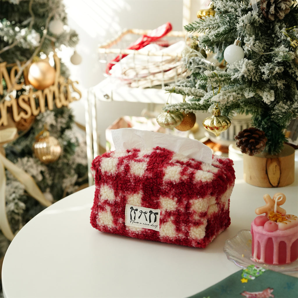 CouldNook Plaid Tissue Box Cover - Fuzzy Surface and Front Label