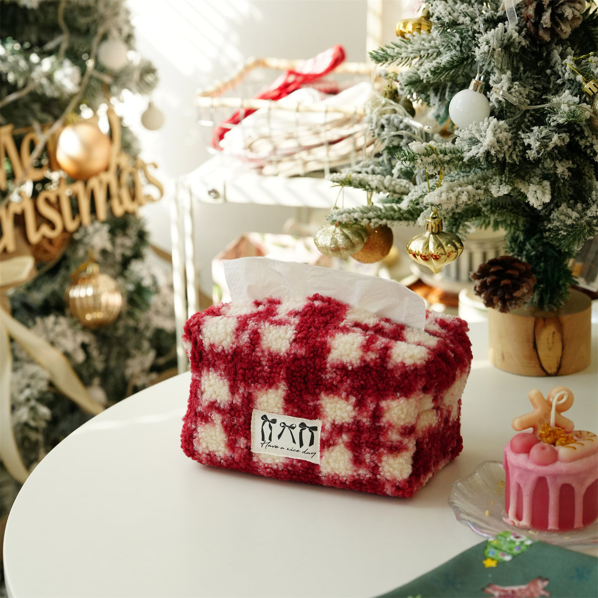 CouldNook Plaid Tissue Box Cover - Fuzzy Surface and Front Label
