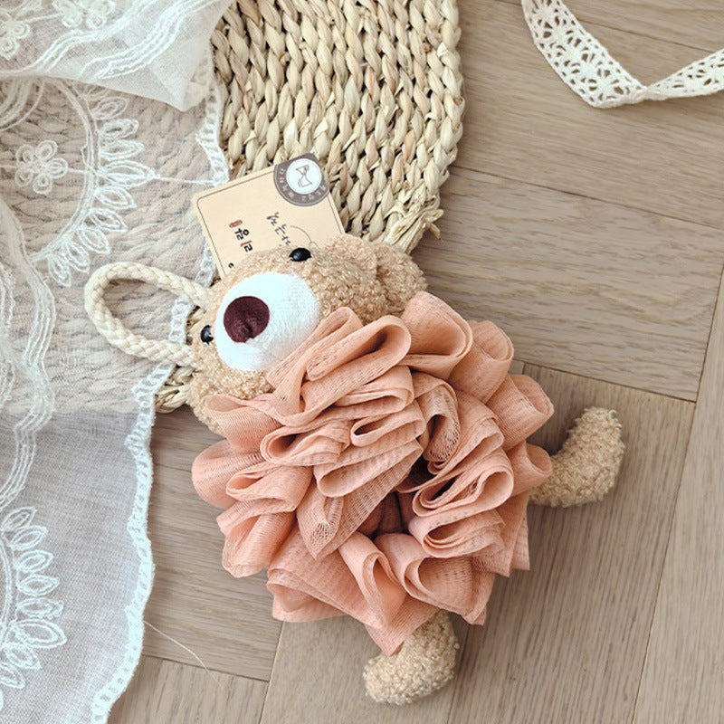 CouldNook Animal Bath Pouf - Bear and Rabbit Faces Around Ruffled Mesh