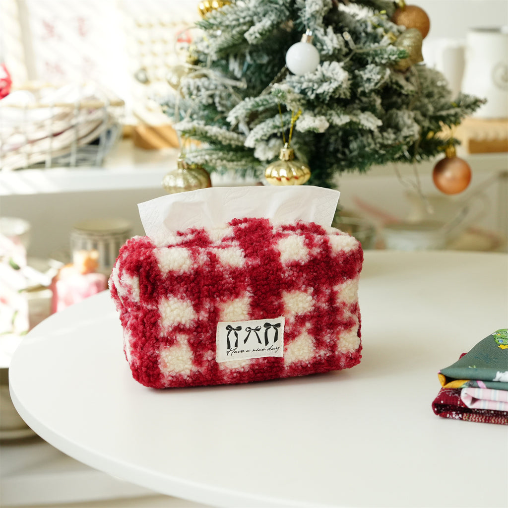 CouldNook Plaid Tissue Box Cover - Fuzzy Surface and Front Label