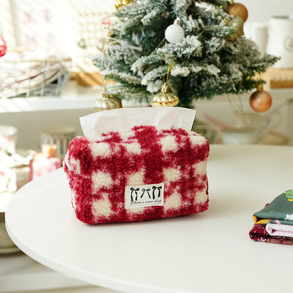 CouldNook Plaid Tissue Box Cover - Fuzzy Surface and Front Label