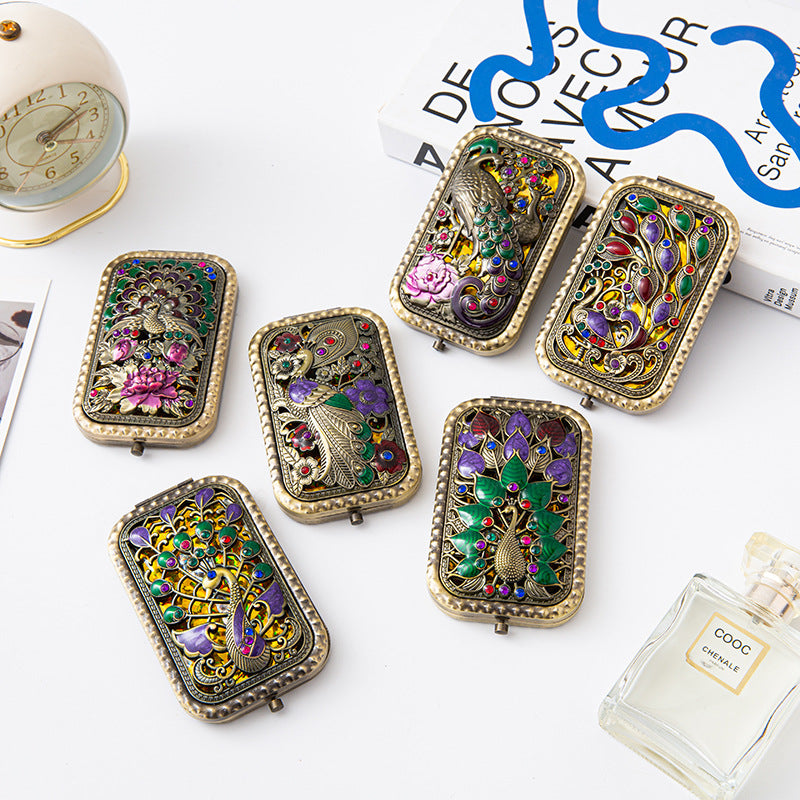 CouldNook Decorative Folding Pocket Mirror - Raised Peacock Motifs And Metal Frame