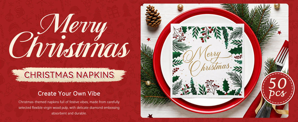 CouldNook Christmas Paper Napkins - Holly Berry Border And Script Greeting