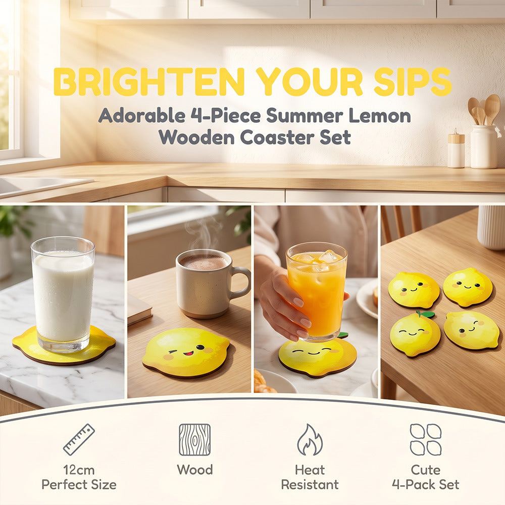 CouldNook Lemon Coaster Set - Four Wooden Pieces And Cartoon Faces