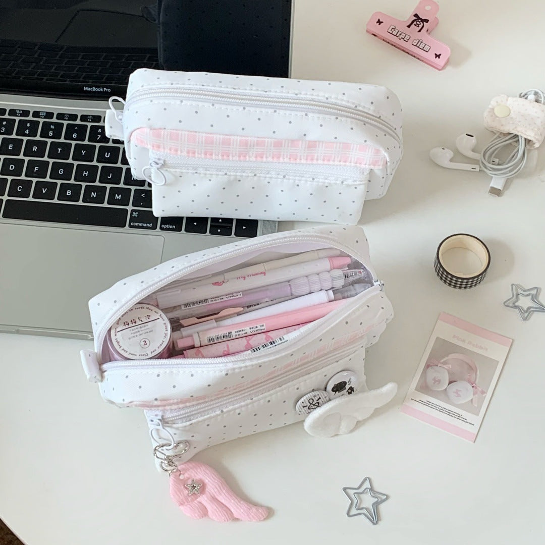 CouldNook Polka Dot Pencil Case - Plaid Band And Front Zip Pocket