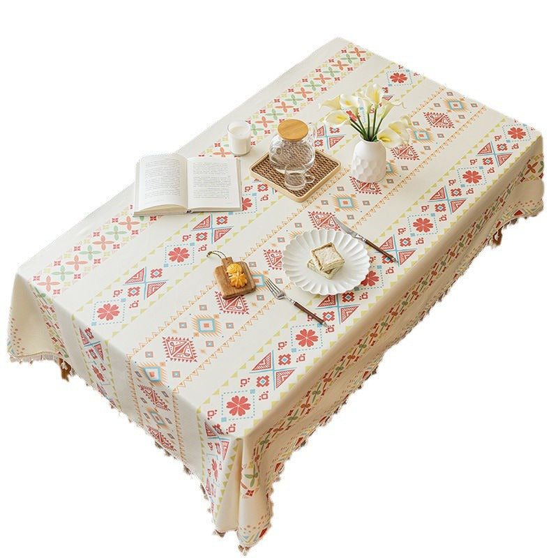 CouldNook Geometric Tassel Tablecloth - Patterned Bands and Cotton-Linen Blend Fabric