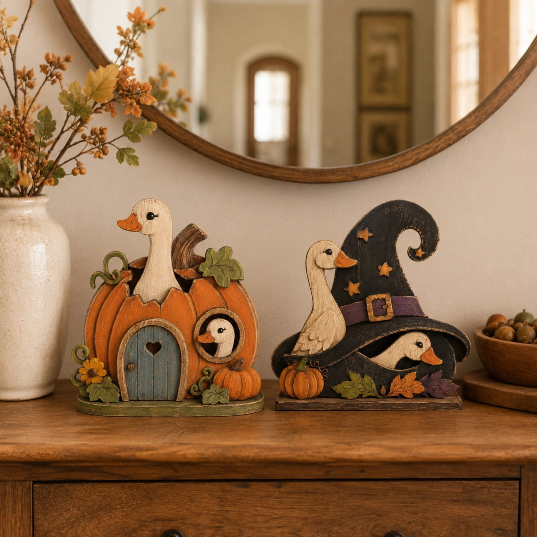 CouldNook Whimsical Goose Halloween Tabletop Decor‑Fall Season Wooden Ornament