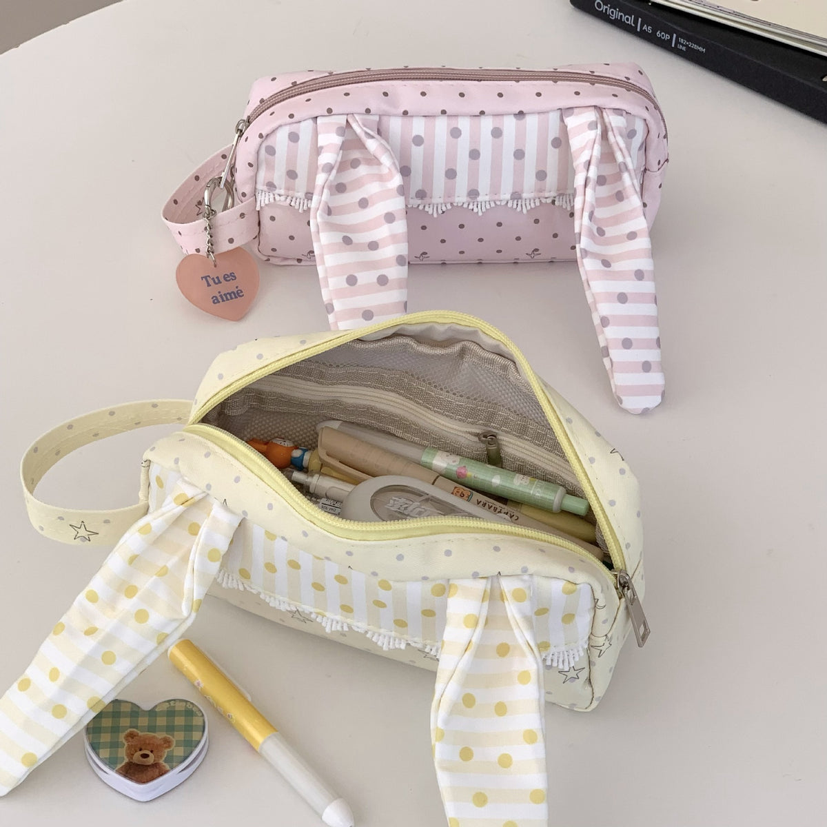 CouldNook Rabbit Ear Pencil Pouch - Patterned Panels And Gathered Trim