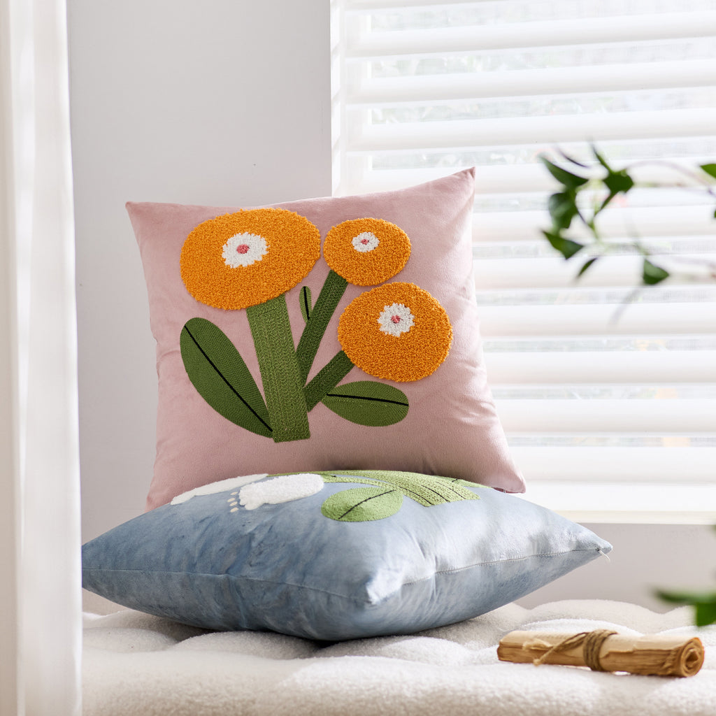 CouldNook Embroidered Floral Cushion Cover - Velvet Face And Raised Flowers