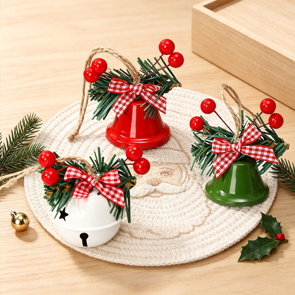 CouldNook Christmas Bell Ornament - Checkered Bows and Greenery Accents
