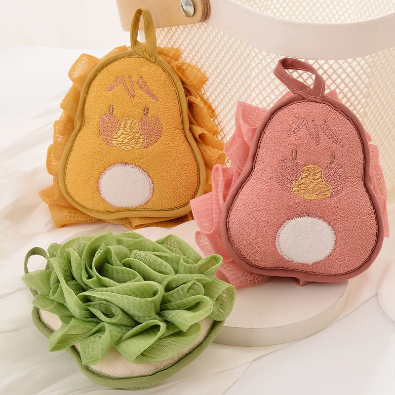 CouldNook Pear Bath Pouf - Plush Fruit Panel and Hanging Loop