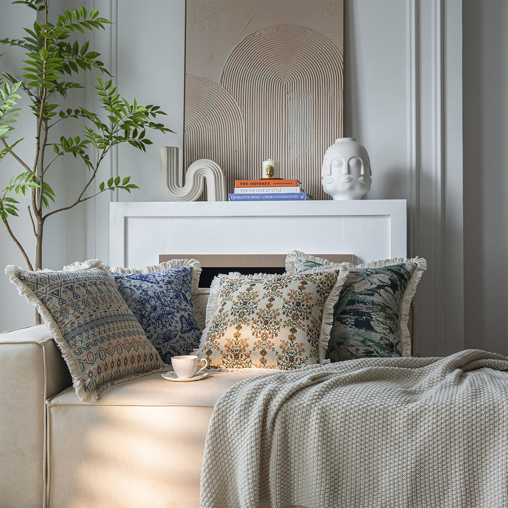 CouldNook Fringed Jacquard Cushion Cover - Botanical Patterns And Textured Borders