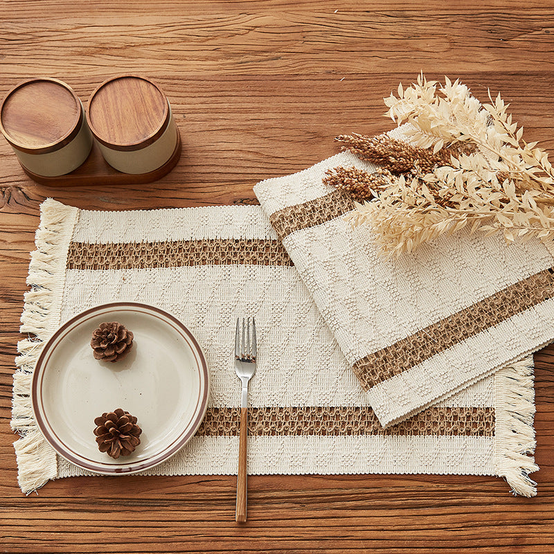 Fringed Woven Placemat with Stripes and Diamond Patterns