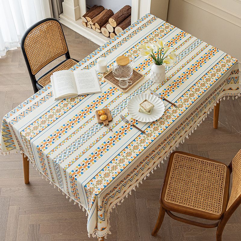 CouldNook Geometric Tassel Tablecloth - Patterned Bands and Cotton-Linen Blend Fabric