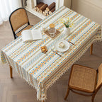 CouldNook Geometric Tassel Tablecloth - Patterned Bands and Cotton-Linen Blend Fabric