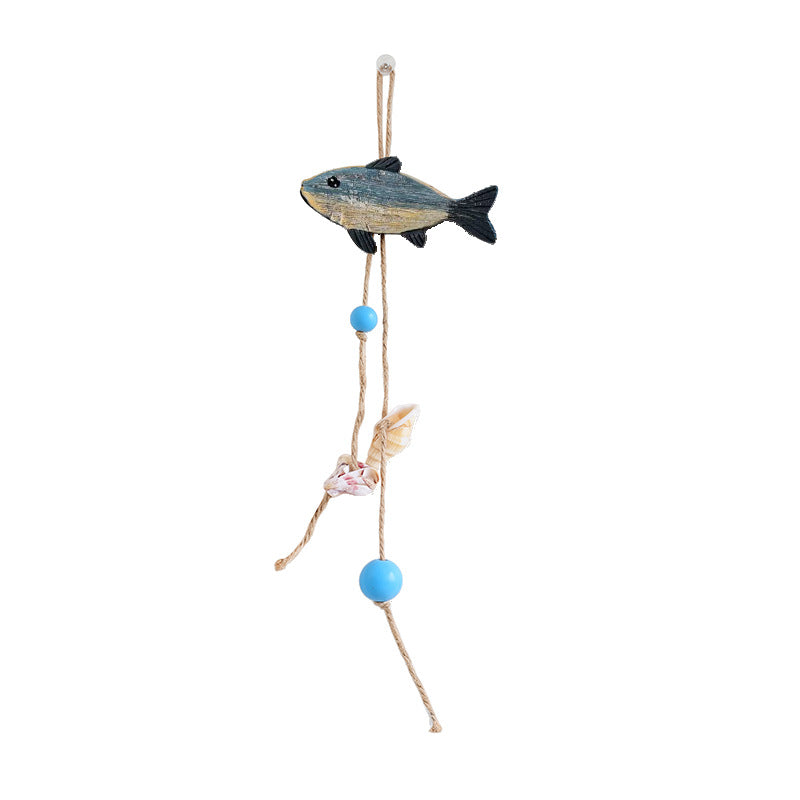 CouldNook Wooden Fish Wall Hanging - Painted Patterns And Beaded Cord