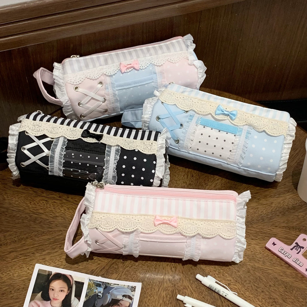 CouldNook Lace Trim Pencil Pouch - Bow Detail And Side Loop