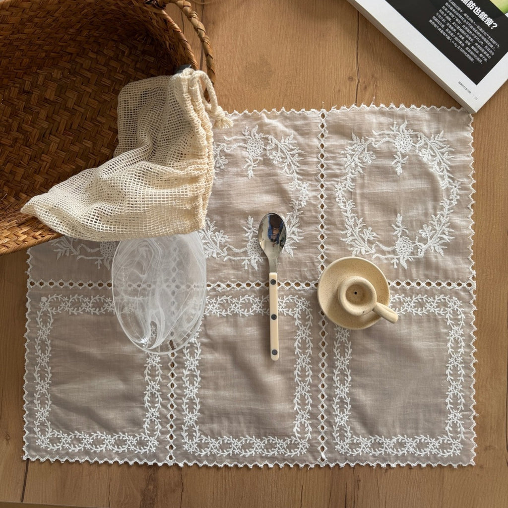 CouldNook Embroidered Lace Table Mat - Floral Stitching And Sheer Panels