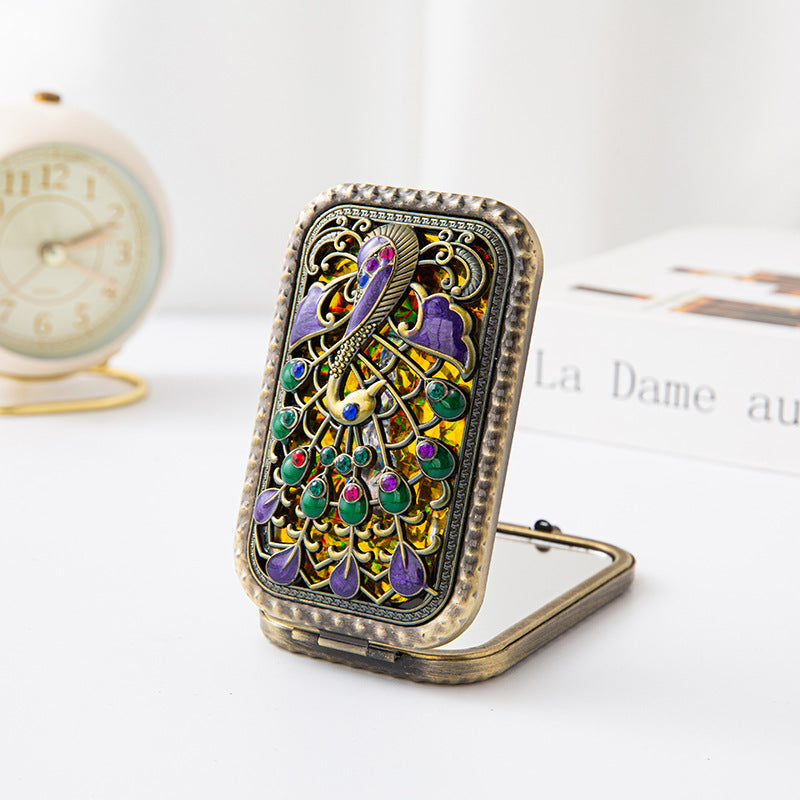 CouldNook Decorative Folding Pocket Mirror - Raised Peacock Motifs And Metal Frame