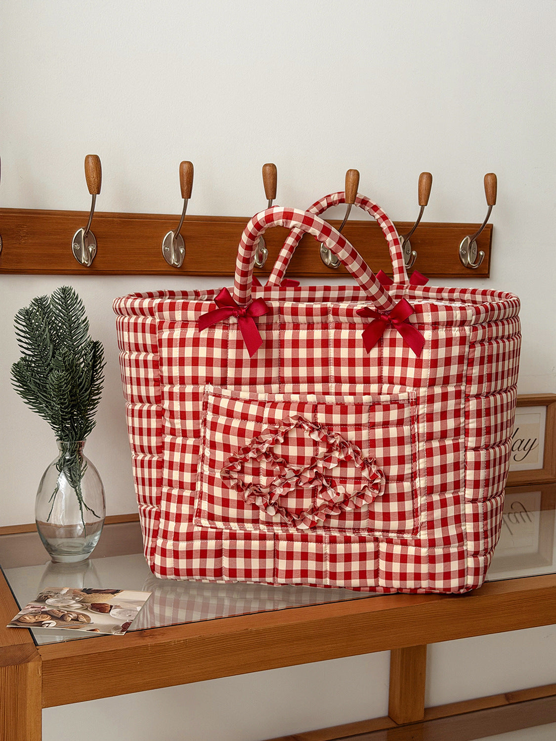 CouldNook Gingham Storage Basket - Bow Handles And Ruffled Front Pocket