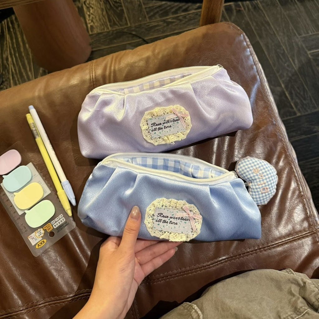 CouldNook Satin Pencil Pouch - Gingham Lining And Ruffled Label Trim