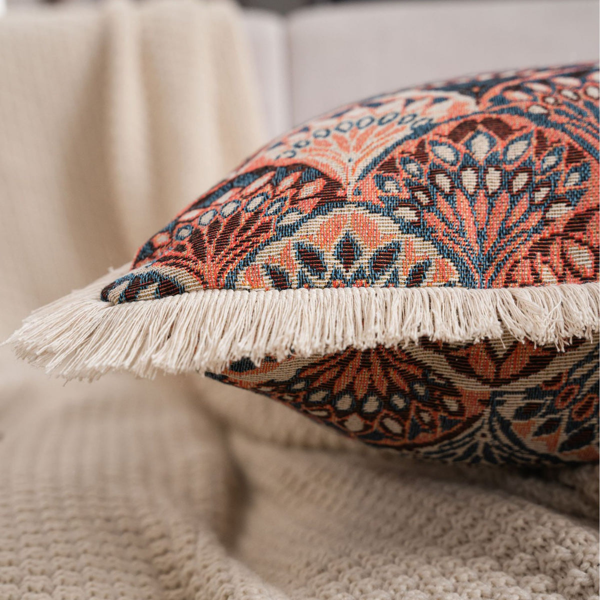 CouldNook Fringed Jacquard Cushion - Woven Patterns And Pale Edge Trim