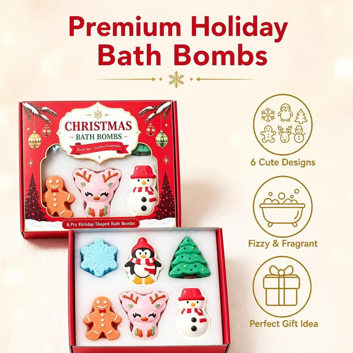 CouldNook Christmas Bath Bombs - Six Holiday Shapes And Gift Box Option