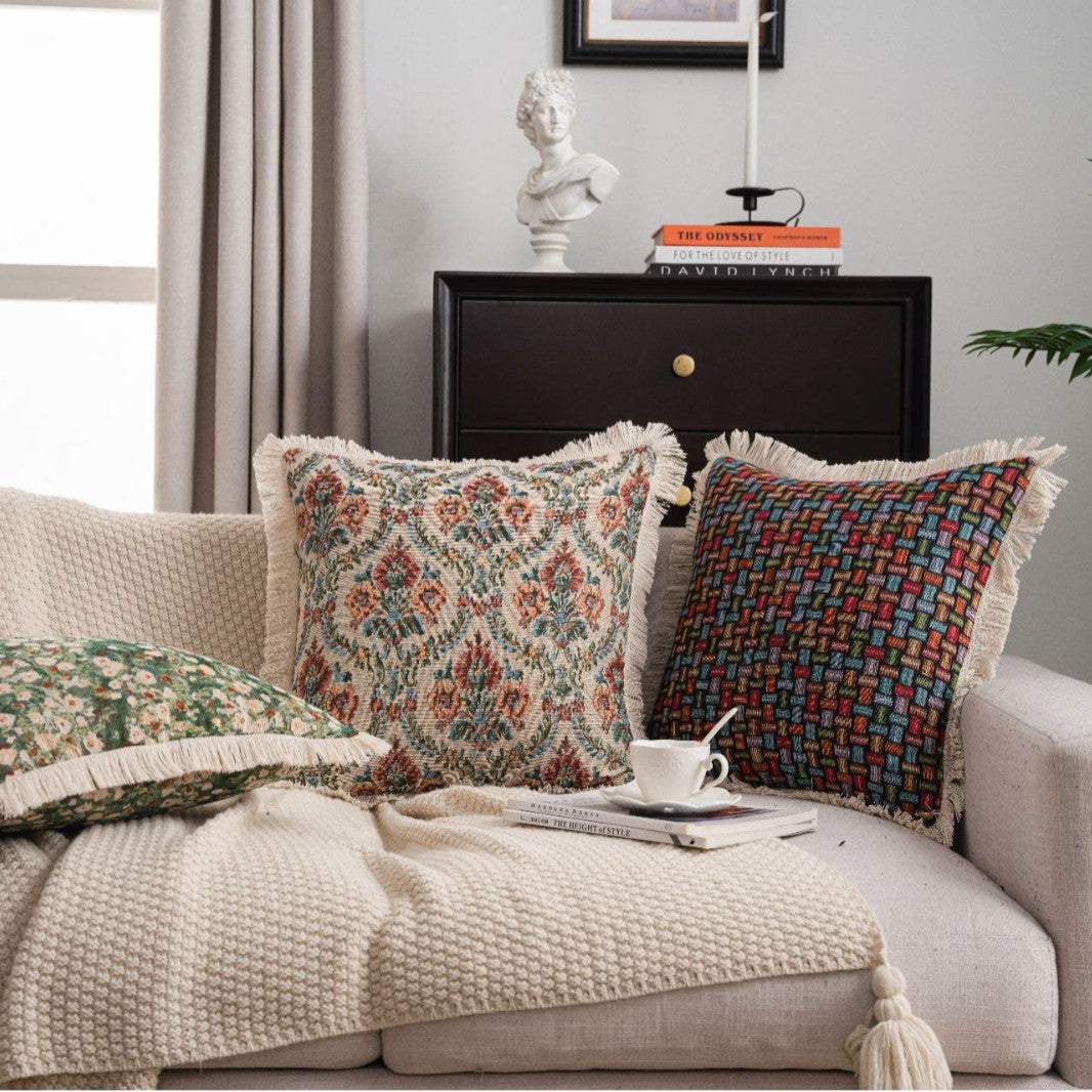 CouldNook Fringed Jacquard Cushion - Woven Patterns And Pale Edge Trim