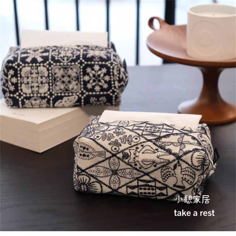 CouldNook Embroidered Tissue Box Cover - Patterned Panels And Zip Access