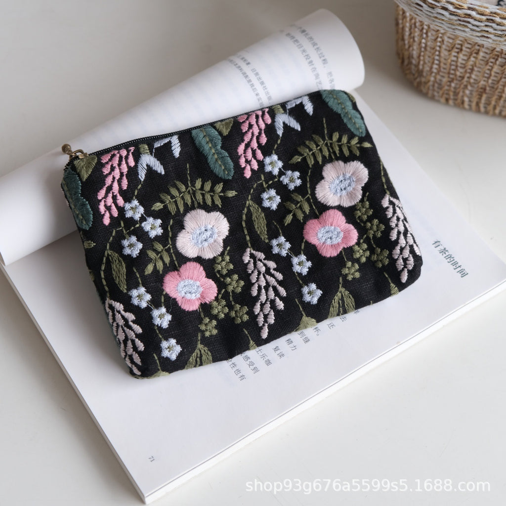 CouldNook Embroidered Zip Pouch - Botanical Motifs And Contrasting Animal Designs