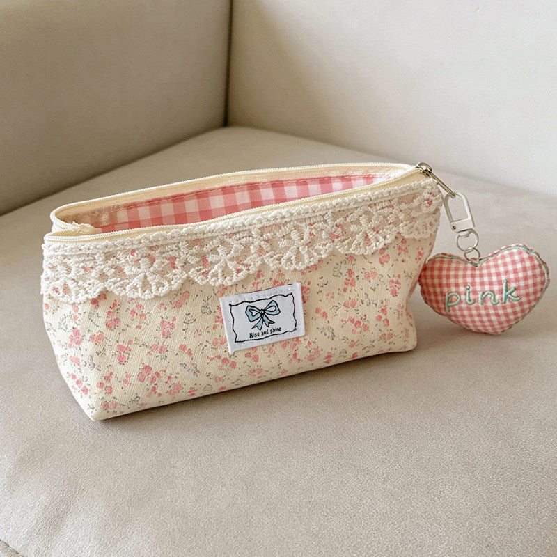CouldNook Floral Pencil Pouch - Lace Trim And Checked Interior