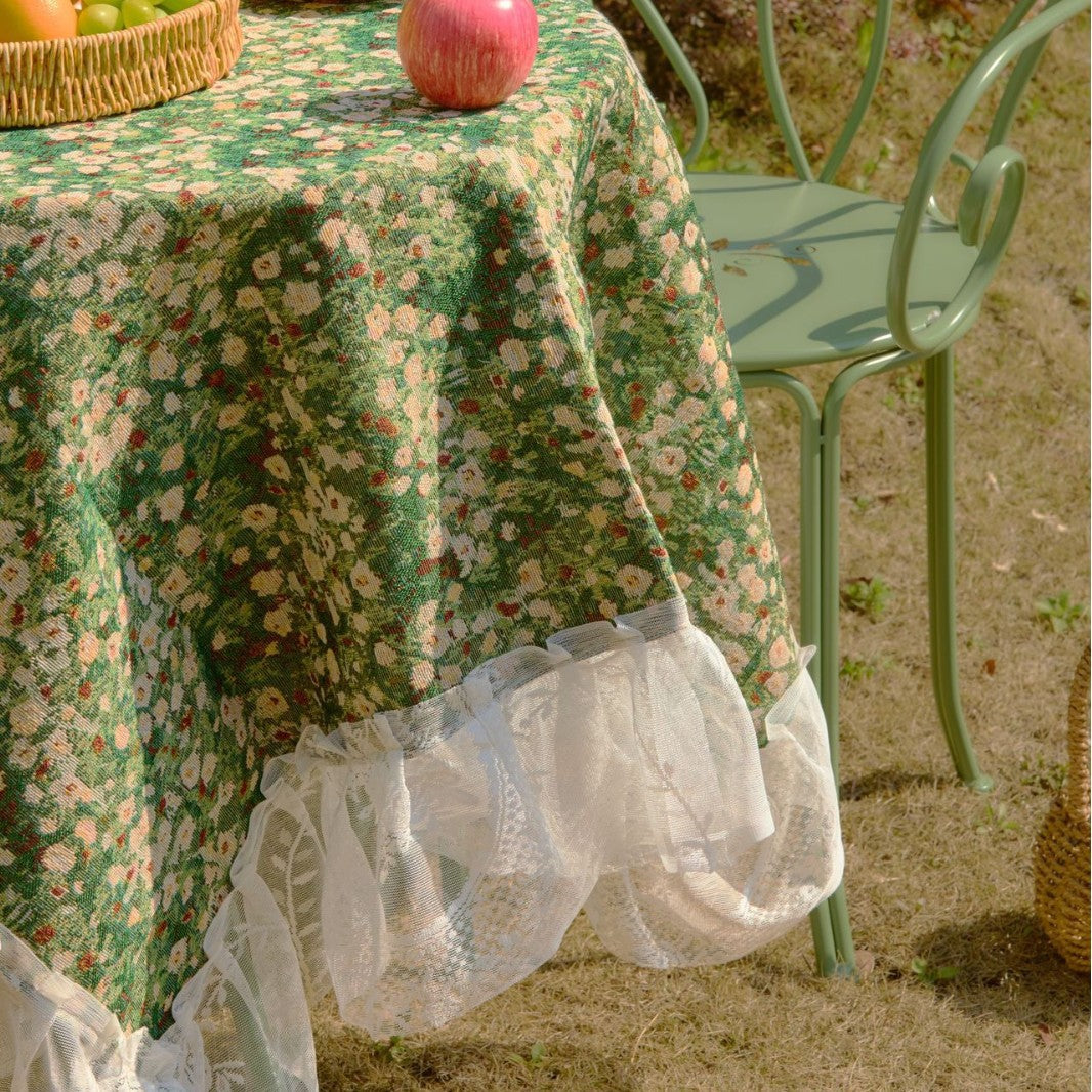 CouldNook Ruffled Jacquard Tablecloth - Patterned Center And Sheer Lace Border