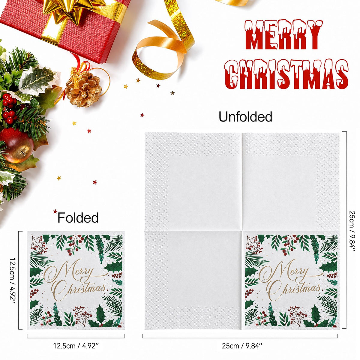 CouldNook Christmas Paper Napkins - Holly Berry Border And Script Greeting