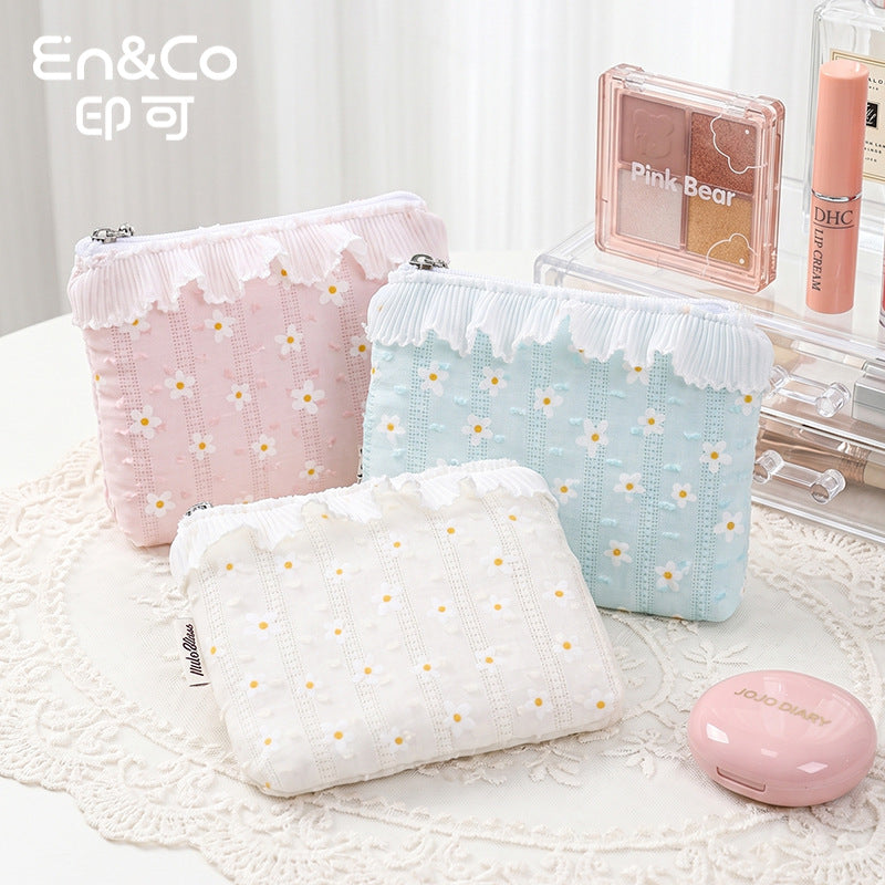CouldNook Daisy Cosmetic Pouch - Tiny Flowers And Pleated Ruffle Trim