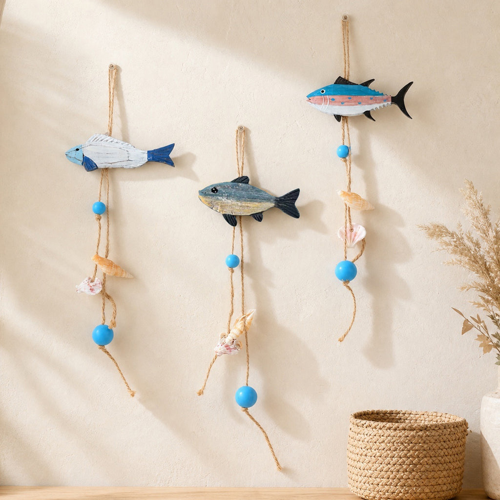 CouldNook Wooden Fish Wall Hanging - Painted Patterns And Beaded Cord