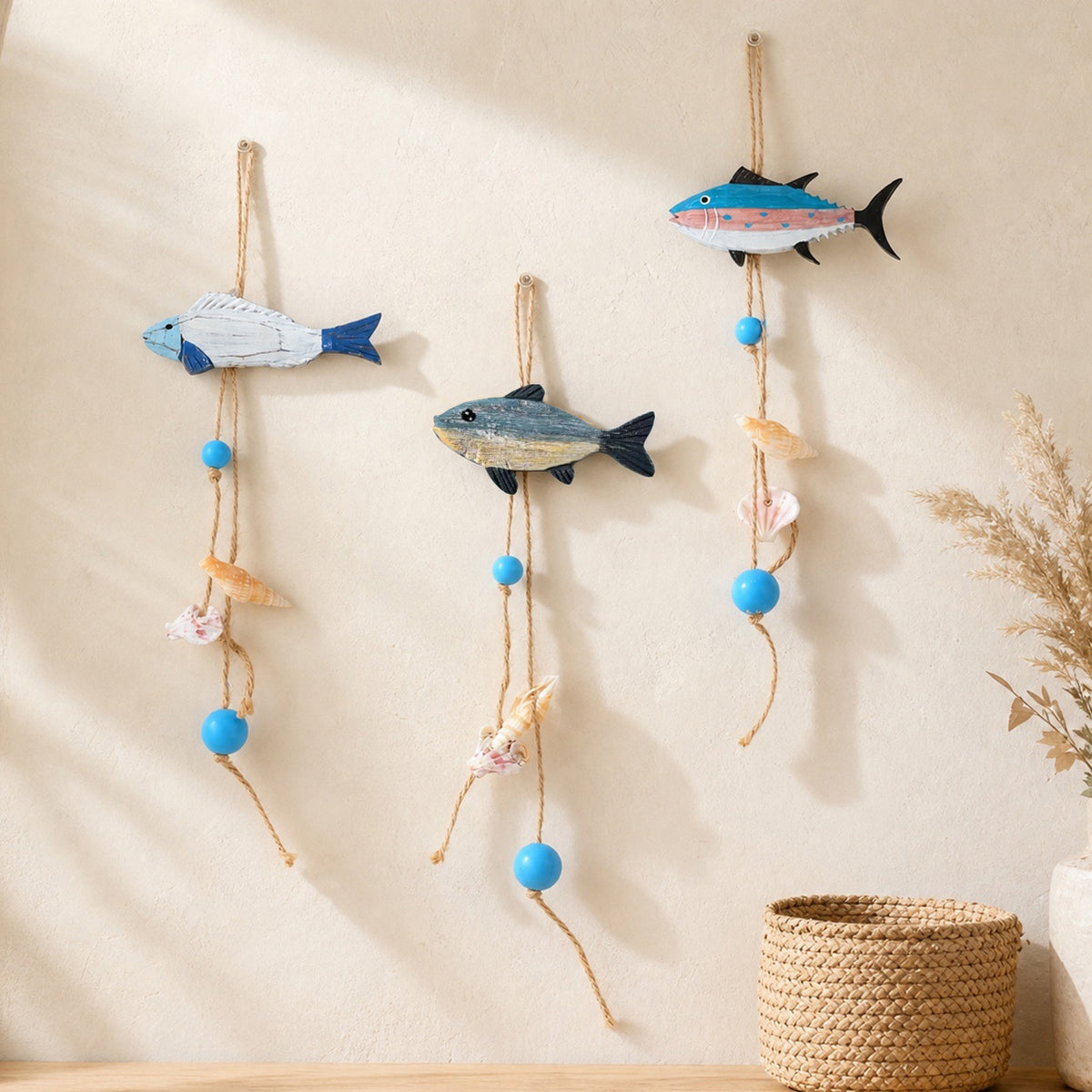 CouldNook Wooden Fish Wall Hanging - Painted Patterns And Beaded Cord
